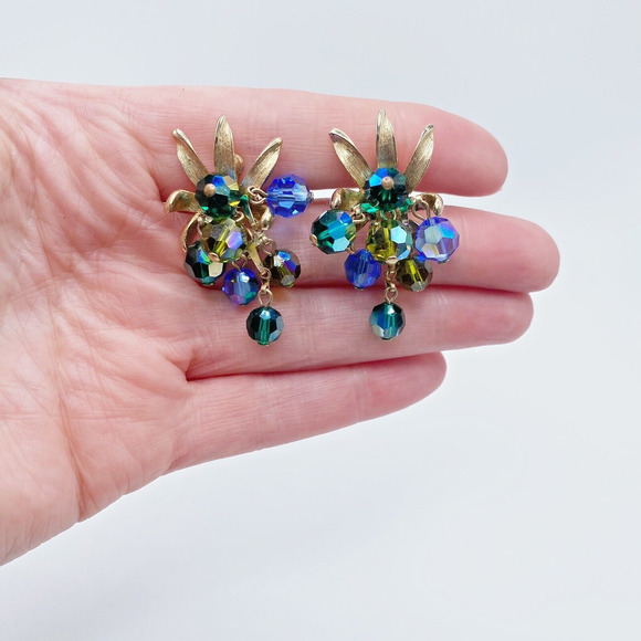 VTG Blue Green Grape Cluster Necklace Earring Set AB Glass Fruit Articulated MCM - Picture 10 of 12